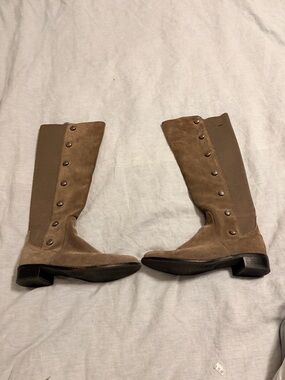 Vince Camuto Suede Riding Boots Taupe 9.5M Button Detail Low Heel